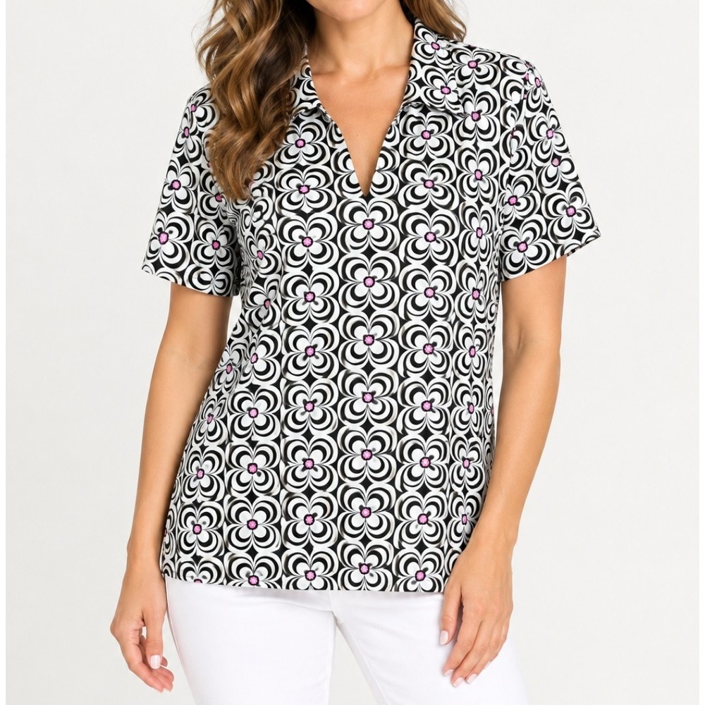 Lulu-B Top Women XL Black White Pink Geometric Floral Retro Short Sleeve 5296